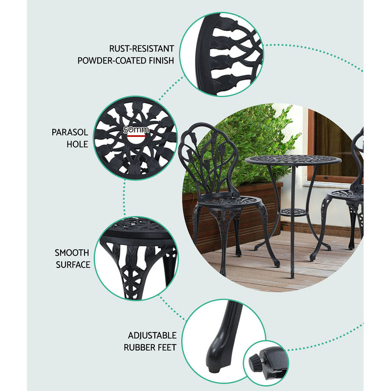 Gardeon 3PC Outdoor Setting Cast Aluminium Bistro Table Chair Patio Black - Sale Now