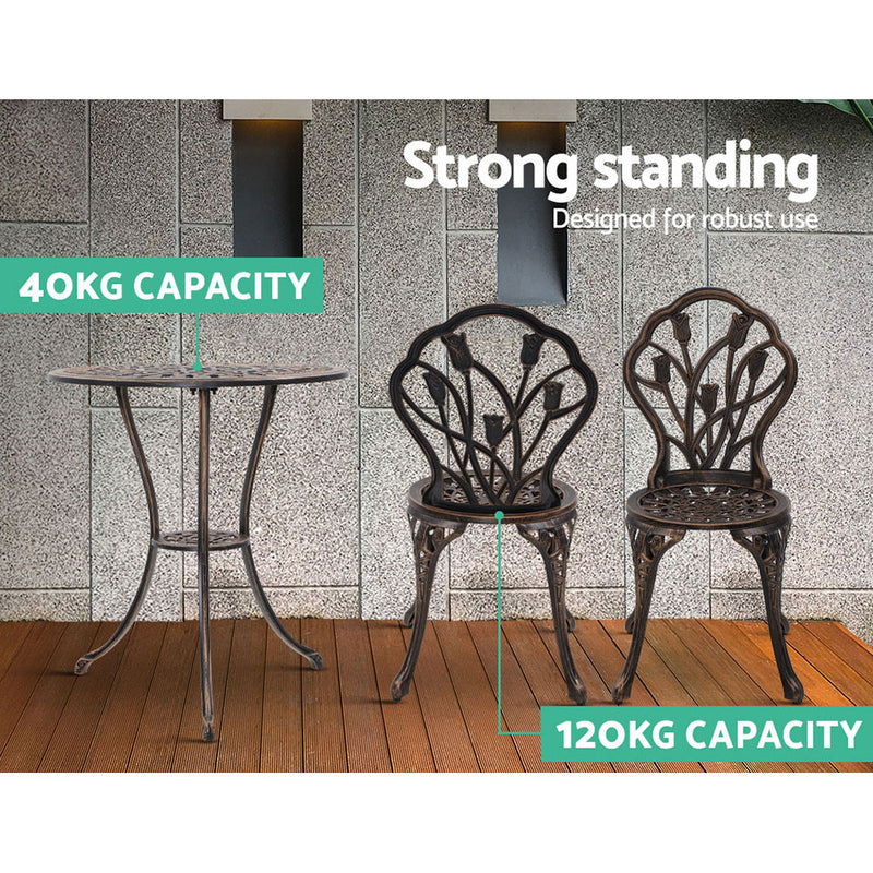 Gardeon 3PC Outdoor Setting Cast Aluminium Bistro Table Chair Patio Bronze - Sale Now