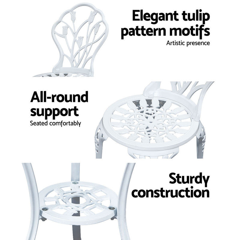 Gardeon 3PC Outdoor Setting Cast Aluminium Bistro Table Chair Patio White - Sale Now