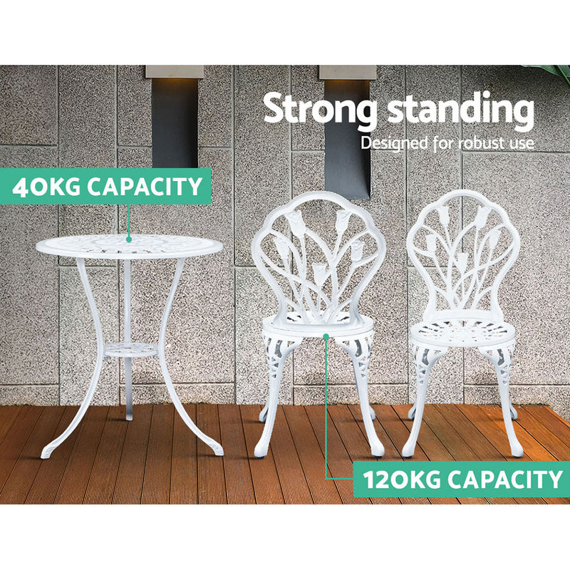 Gardeon 3PC Outdoor Setting Cast Aluminium Bistro Table Chair Patio White - Sale Now