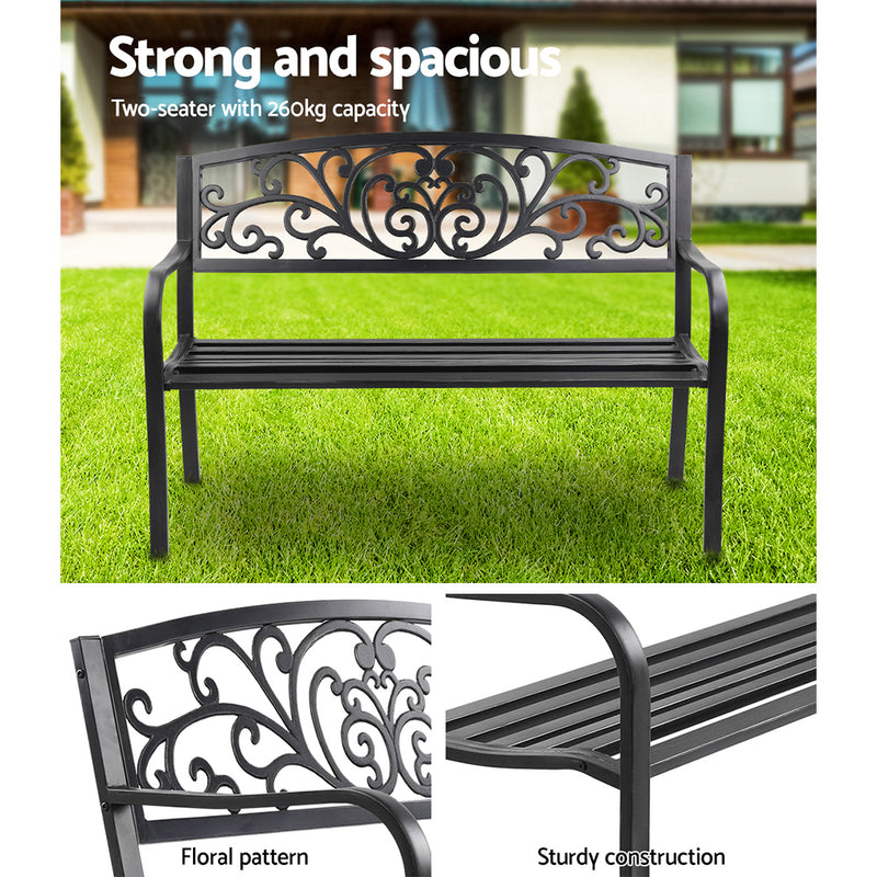 Garden Bench Seat Outdoor Chair Steel Iron Patio Furniture Lounge Porch Lounger Vintage Black Gardeon - Sale Now