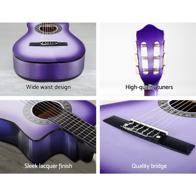 Alpha 34" Inch Guitar Classical Acoustic Cutaway Wooden Ideal Kids Gift Children 1/2 Size Purple - Sale Now