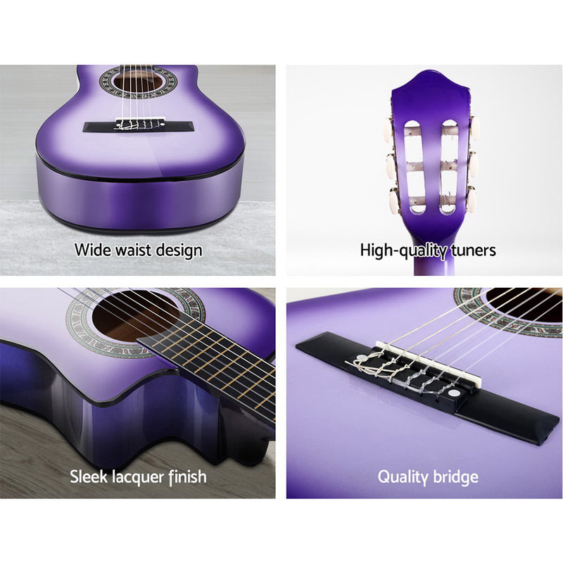 Alpha 34" Inch Guitar Classical Acoustic Cutaway Wooden Ideal Kids Gift Children 1/2 Size Purple with Capo Tuner - Sale Now
