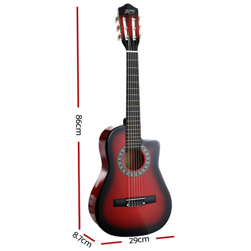 Alpha 34" Inch Guitar Classical Acoustic Cutaway Wooden Ideal Kids Gift Children 1/2 Size Red - Sale Now