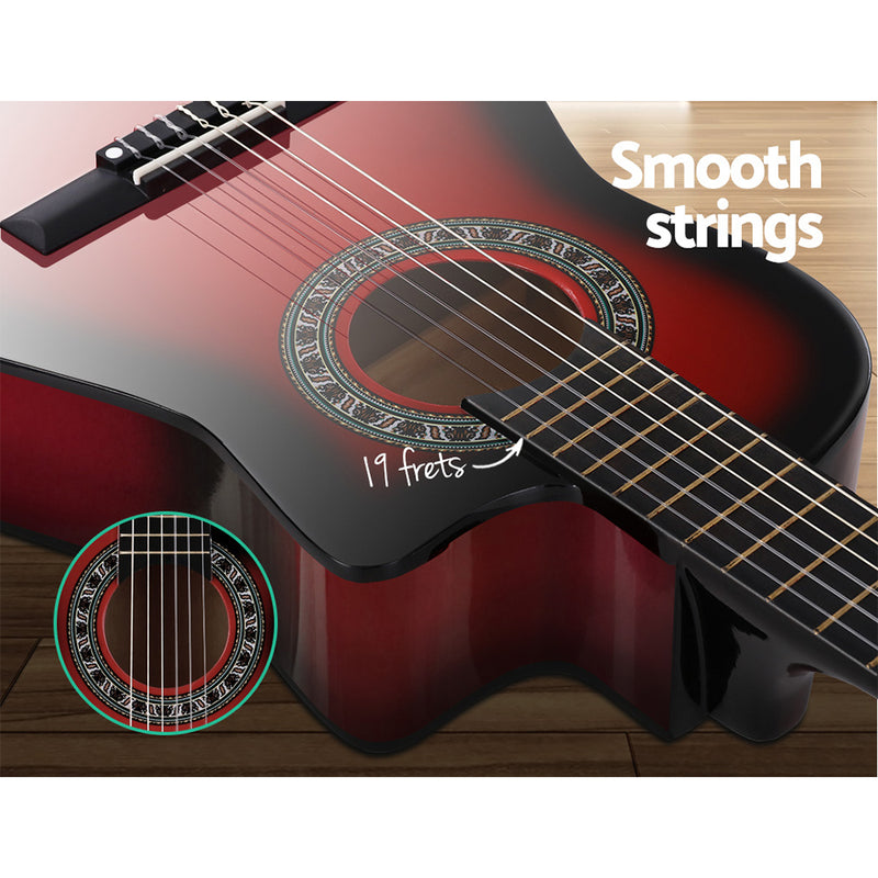 Alpha 34" Inch Guitar Classical Acoustic Cutaway Wooden Ideal Kids Gift Children 1/2 Size Red with Capo Tuner - Sale Now
