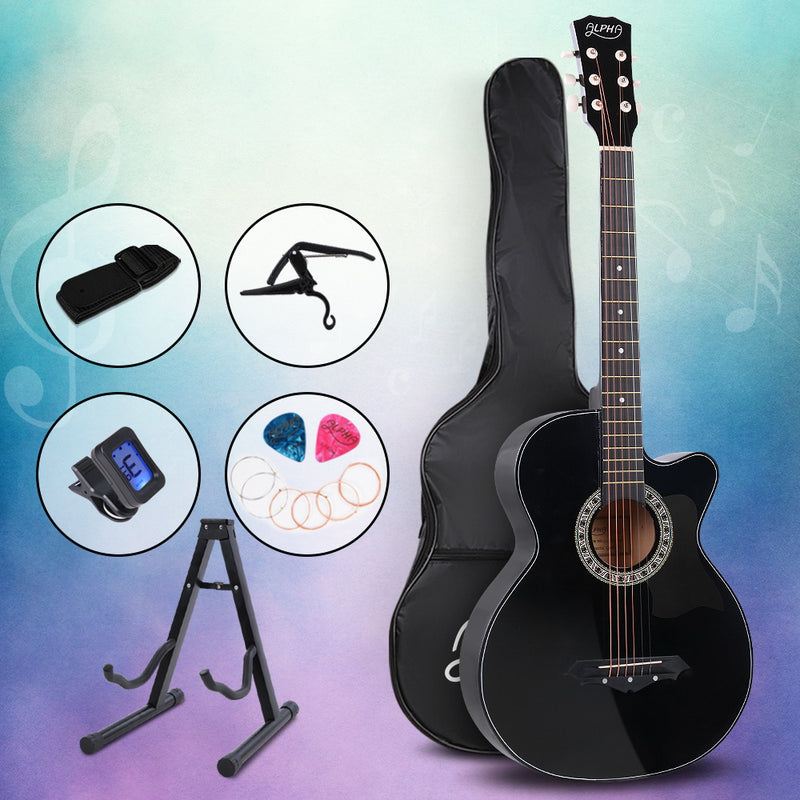 ALPHA 38 Inch Wooden Acoustic Guitar with Accessories set Black - Sale Now