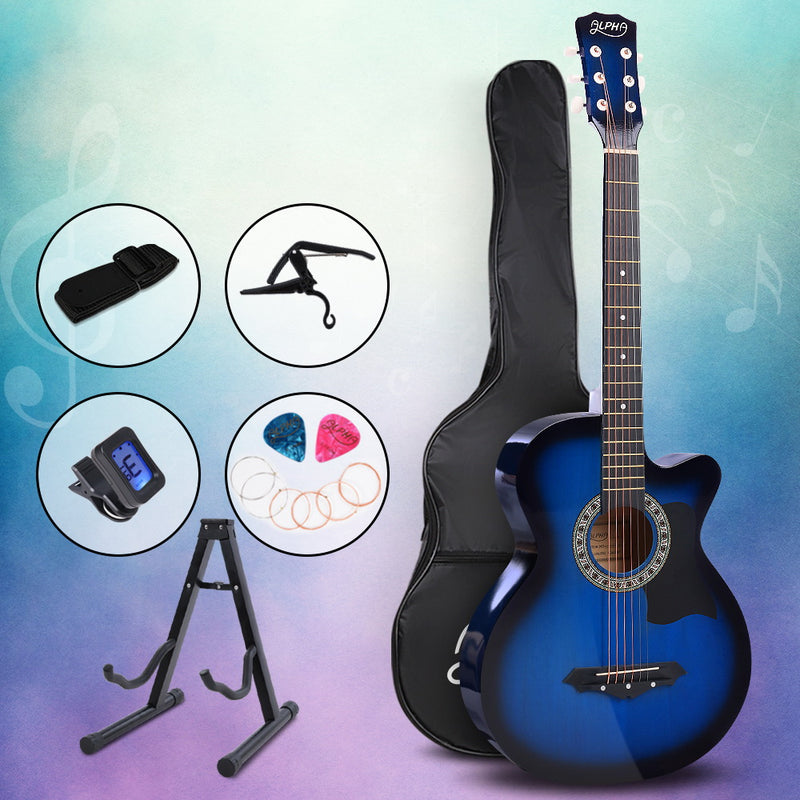 ALPHA 38 Inch Wooden Acoustic Guitar with Accessories set Blue - Sale Now