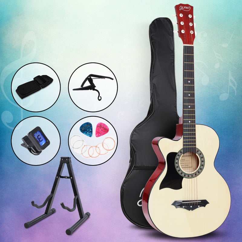 ALPHA 38 Inch Wooden Acoustic Guitar Left handed with Accessories set Natural Wood - Sale Now