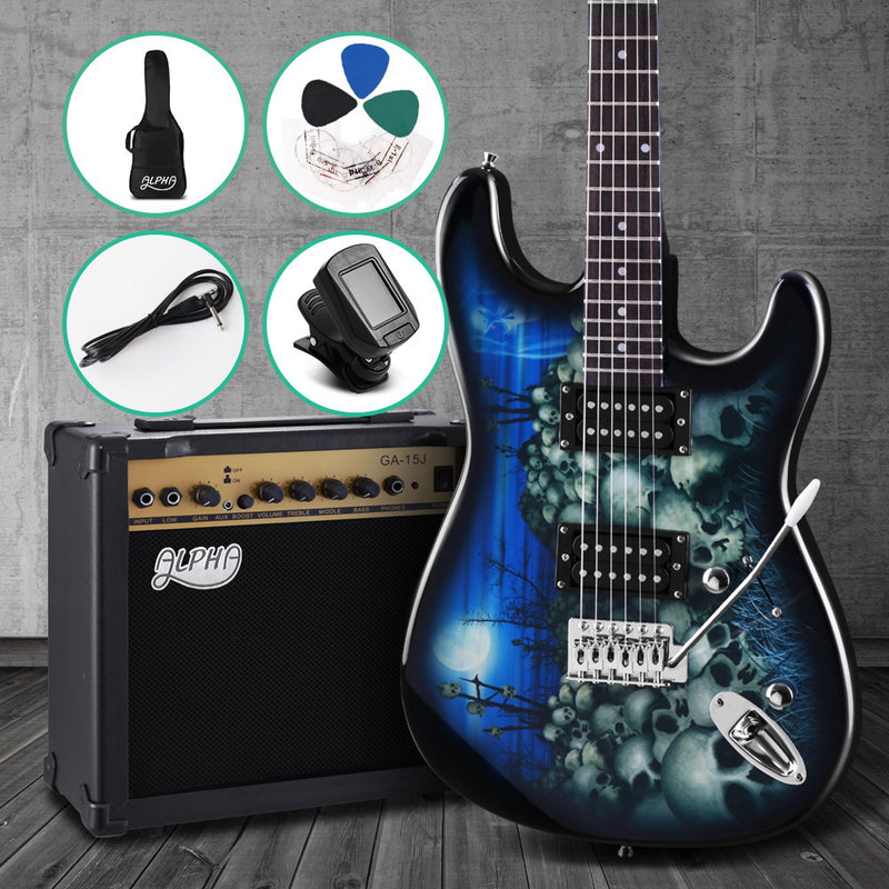 Alpha Electric Guitar And AMP Music String Instrument Rock Blue Carry Bag Steel String - Sale Now