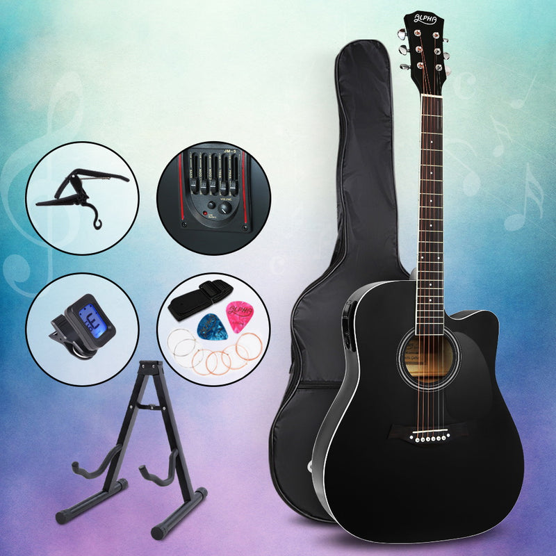Alpha 41" Inch Electric Acoustic Guitar Wooden Classical Full Size EQ Capo Black - Sale Now