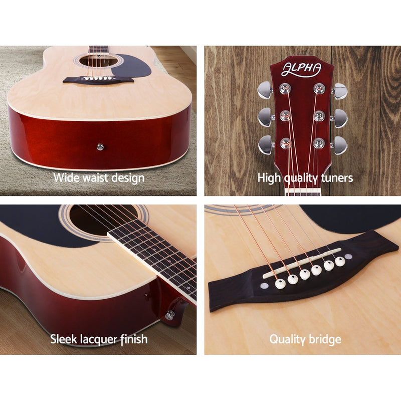 ALPHA 41 Inch Wooden Acoustic Guitar with Accessories set Natural Wood - Sale Now
