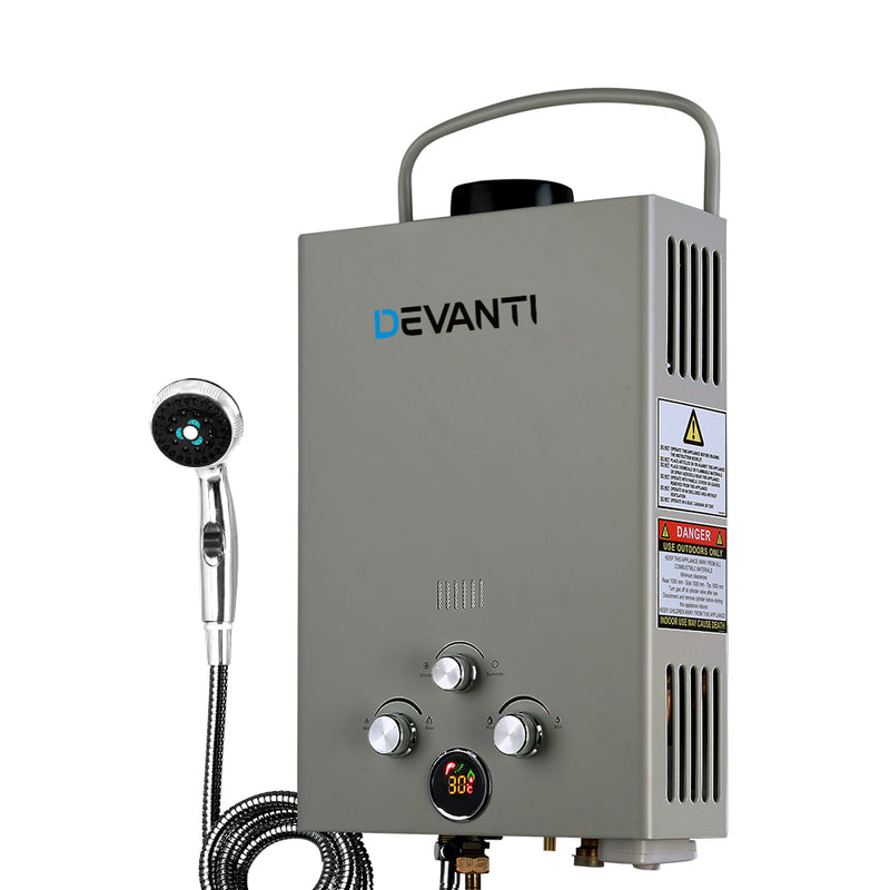Devanti Gas Hot Water Heater Portable Shower Camping LPG Outdoor Instant Grey