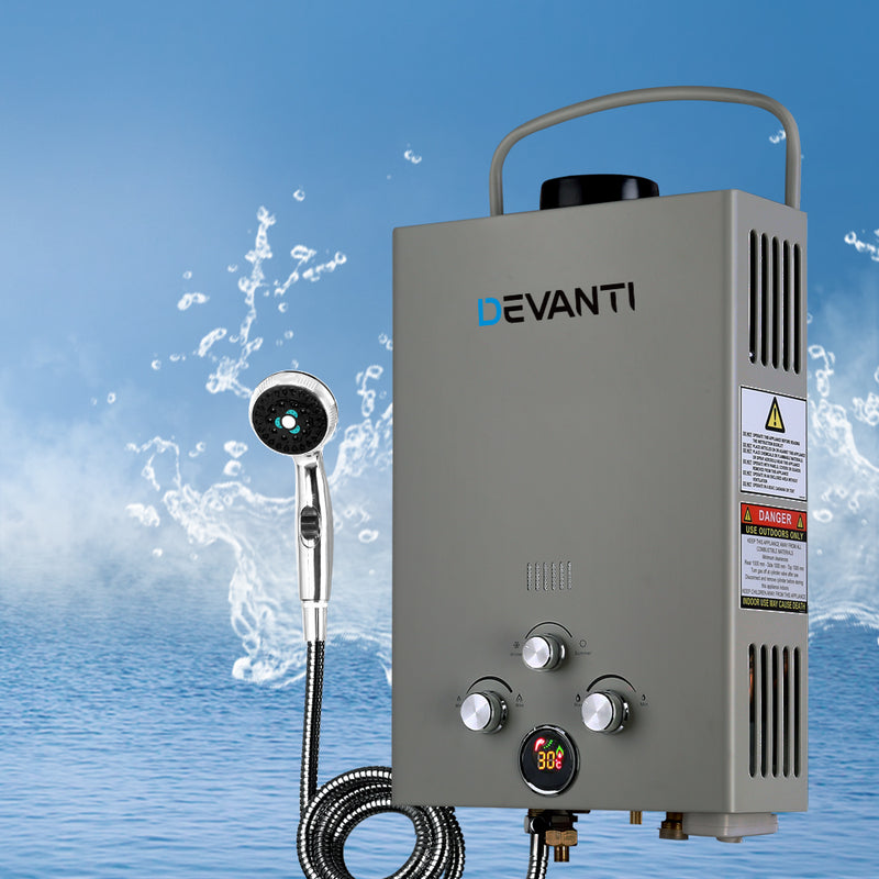 Devanti Gas Hot Water Heater Portable Shower Camping LPG Outdoor Instant Grey - Sale Now