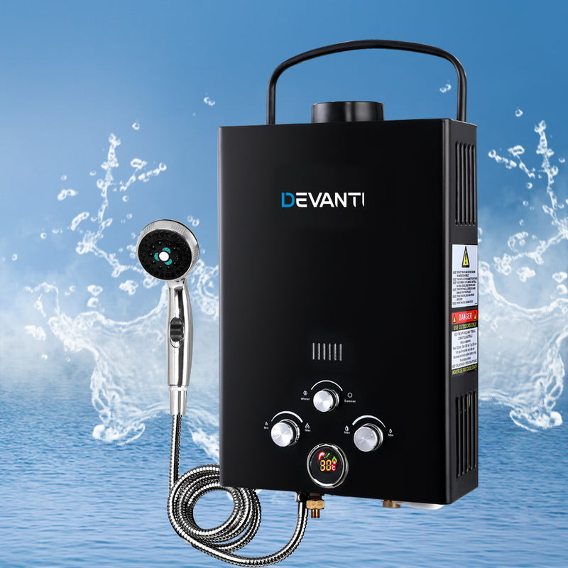 DEVANTi Portable Gas Water Heater Hot Shower Camping LPG Outdoor Instant 4WD Black - Sale Now