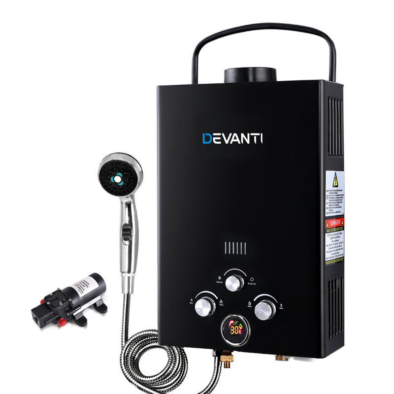Devanti Outdoor Portable LPG Gas Hot Water Heater Shower Head 12V Water Pump Black