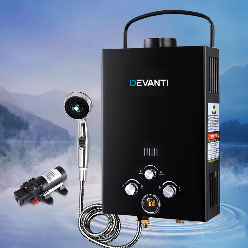 Devanti Outdoor Portable LPG Gas Hot Water Heater Shower Head 12V Water Pump Black - Sale Now