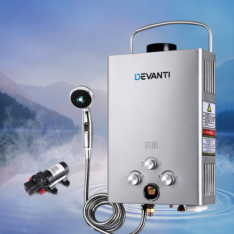DEVANTi Outdoor Portable Gas Hot Water Heater Shower Camping LPG Caravan Pump Silver - Sale Now