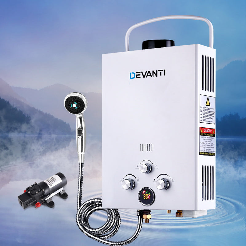 DEVANTi Outdoor Portable Gas Hot Water Heater Shower Camping LPG Caravan Pump White - Sale Now