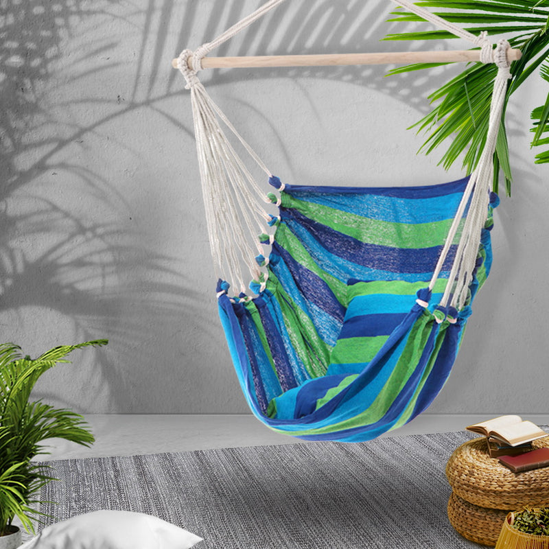 Gardeon Hanging Hammock Chair Swing Indoor Outdoor Portable Camping Blue - Sale Now