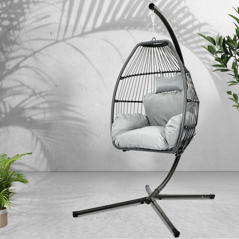 Gardeon Outdoor Furniture Egg Hammock Hanging Swing Chair Stand Pod Wicker Grey - Sale Now