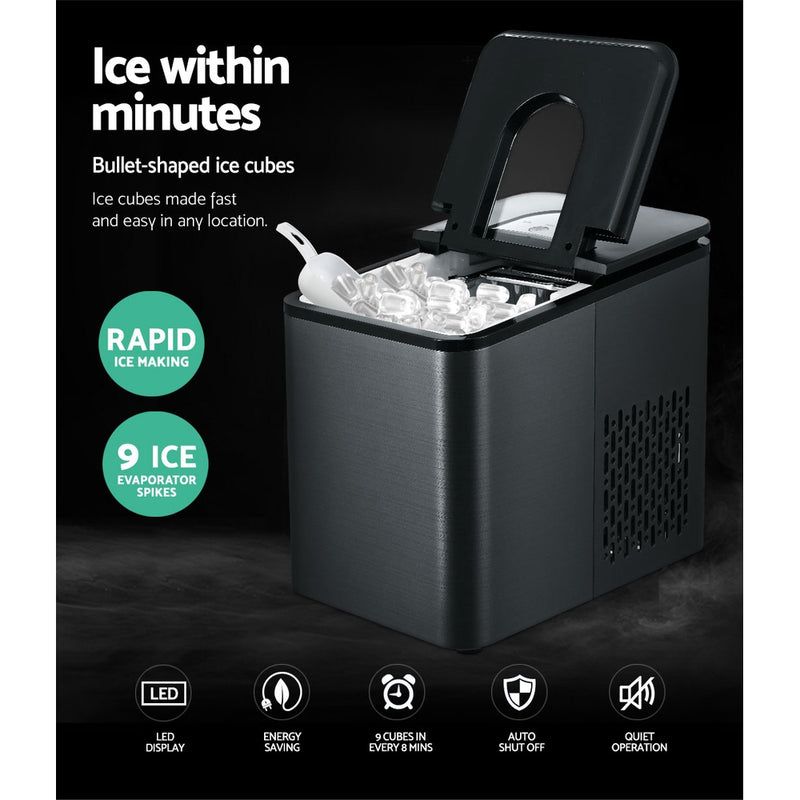 2.2L Ice Maker 12KG Portable Ice Makers Cube Tray Bar Home Countertop Black - Sale Now