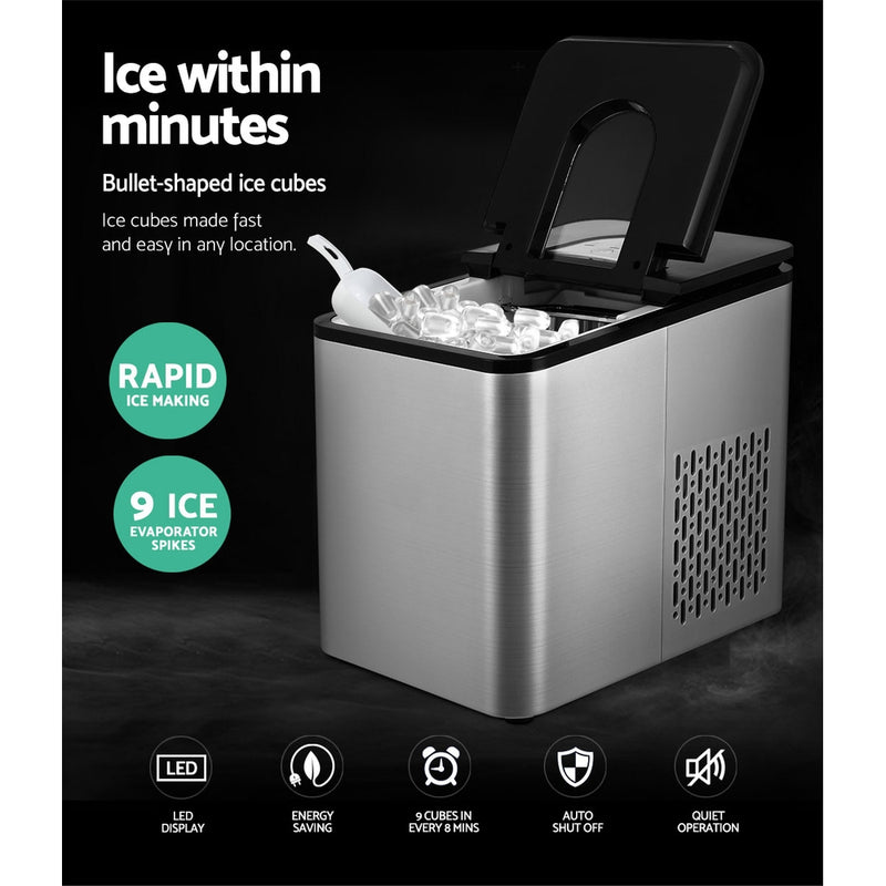 2.2L Ice Maker 12KG Portable Ice Makers Cube Tray Bar Home Countertop Silver - Sale Now