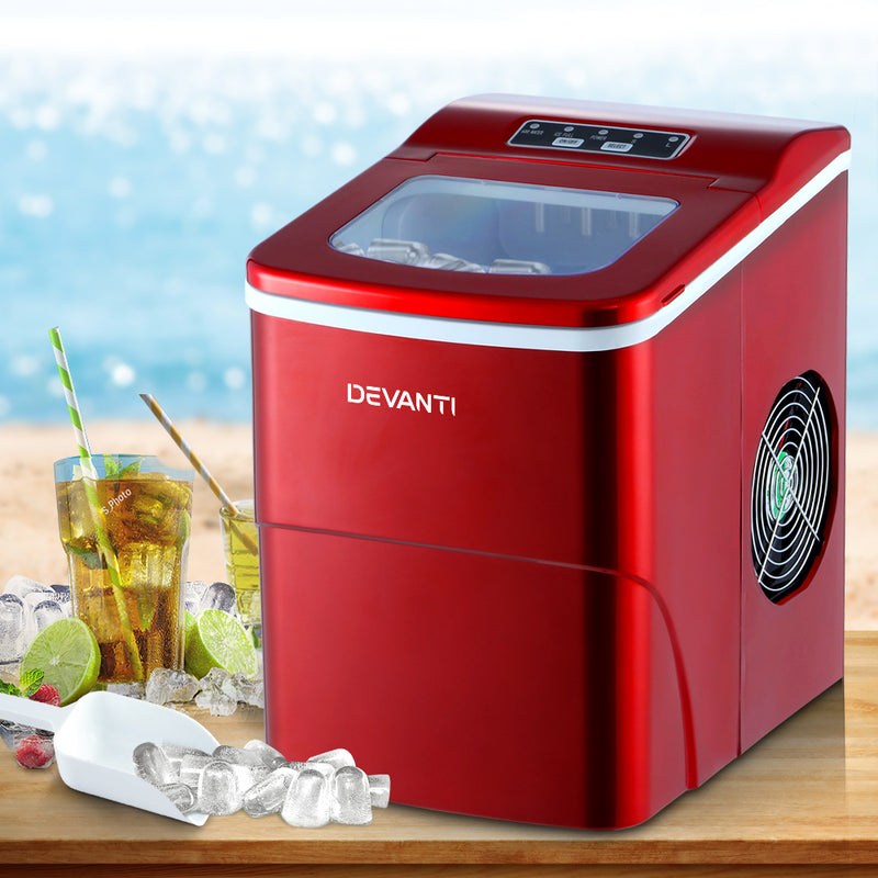 DEVANTi Portable Ice Cube Maker Machine 2L Home Bar Benchtop Easy Quick Red - Sale Now