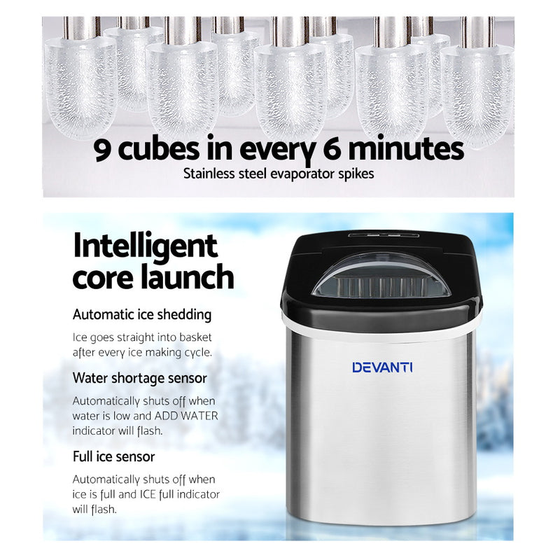 Devanti 2.4L Stainless Steel Portable Ice Cube Maker - Sale Now