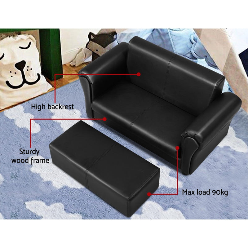 Keezi Kids Sofa Armchair Footstool Set Children Lounge Chair Couch Double Black - Sale Now