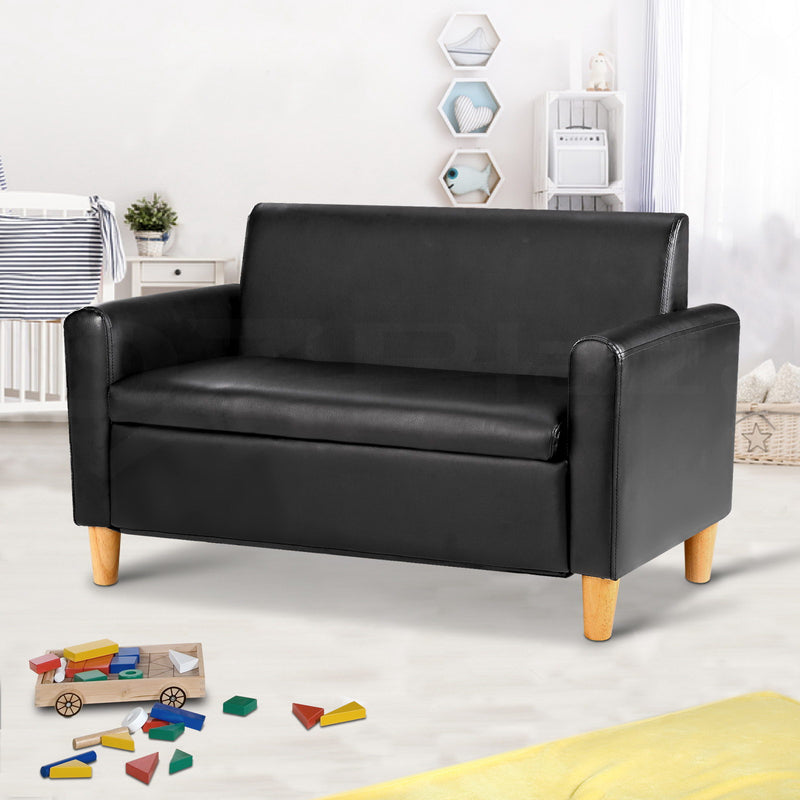 Keezi Storage Kids Sofa Children lounge Chair Couch PU Leather Padded Black - Sale Now