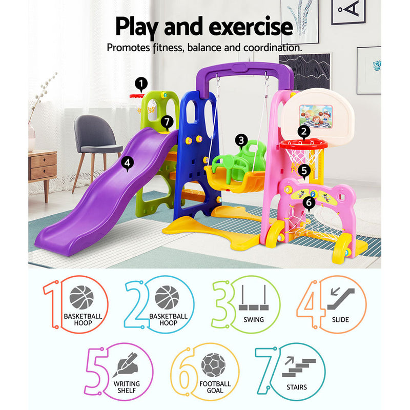 Keezi Kids 7-in-1 Slide Swing with Basketball Hoop Toddler Outdoor Indoor Play - Sale Now