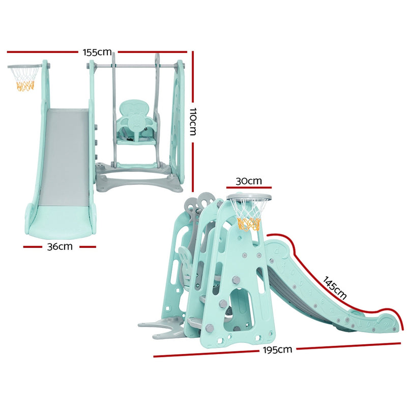 Keezi Kids Slide Swing Outdoor Indoor Playground Basketball Hoop Toddler Play Green - Sale Now