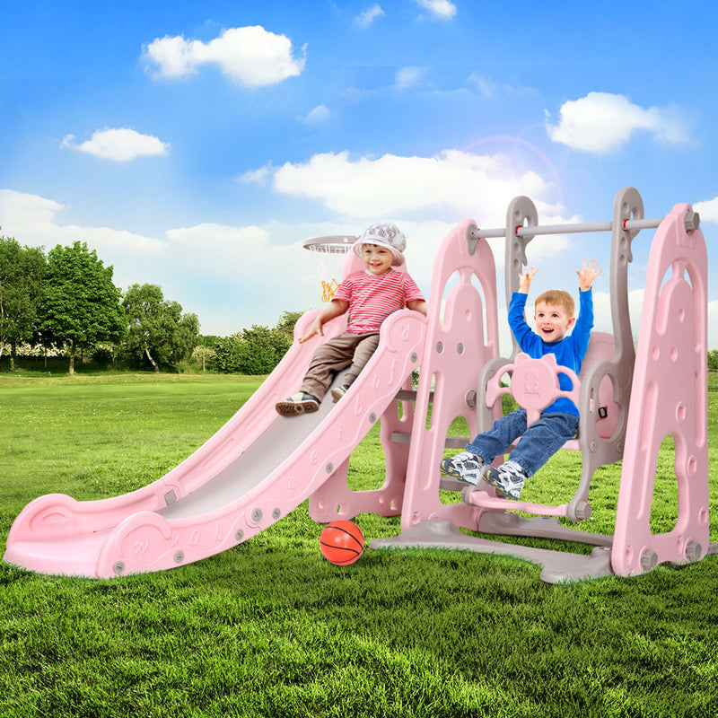 Keezi Kids Slide Swing Outdoor Playground Basketball Hoop Playset Indoor Pink - Sale Now