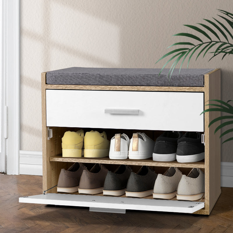 Artiss Shoe Cabinet Bench Shoes Storage Organiser Rack Fabric Seat Wooden Cupboard Up to 8 pairs - Sale Now