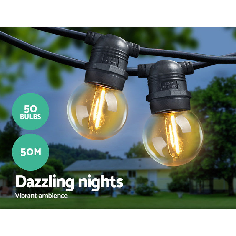 Jingle Jollys 50m LED Festoon String Lights 50 Bulbs Kits Wedding Party Christmas G45 - Sale Now
