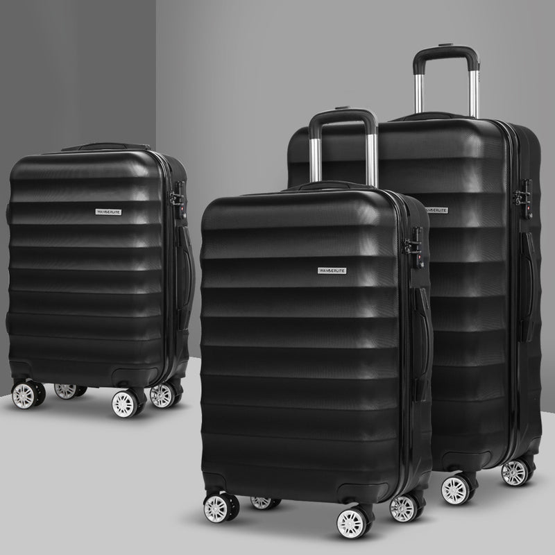 Wanderlite 3 Piece Lightweight Hard Suit Case Luggage Black - Sale Now