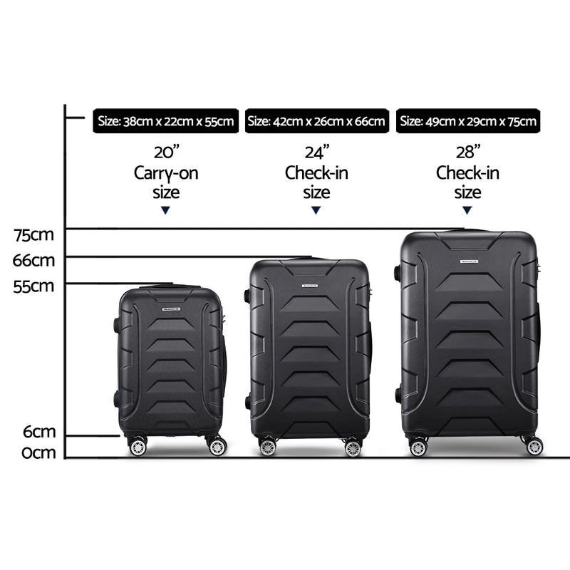 Wanderlite 3PCS Carry On Luggage Sets Suitcase TSA Travel Hard Case Lightweight Black - Sale Now