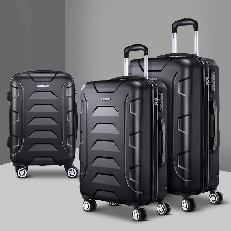 Wanderlite 3PCS Carry On Luggage Sets Suitcase TSA Travel Hard Case Lightweight Black - Sale Now
