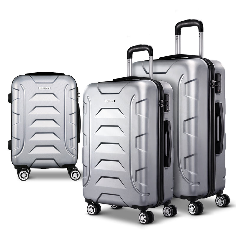 Wanderlite 3PCS Carry On Luggage Sets Suitcase TSA Travel Hard Case Lightweight Silver