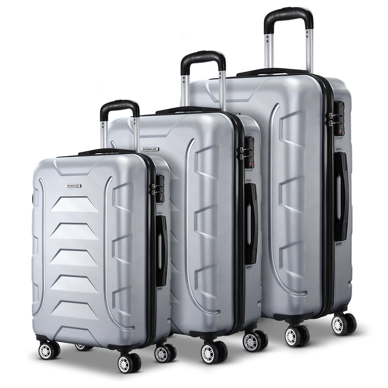 Wanderlite 3PCS Carry On Luggage Sets Suitcase TSA Travel Hard Case Lightweight Silver - Sale Now