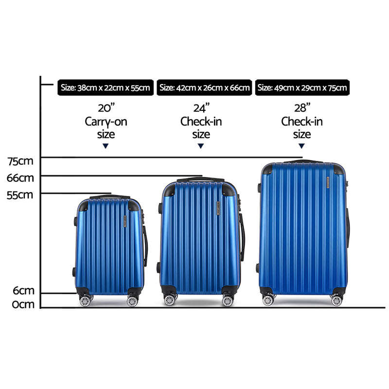 Wanderlite 3 Piece Lightweight Hard Suit Case Luggage Blue - Sale Now