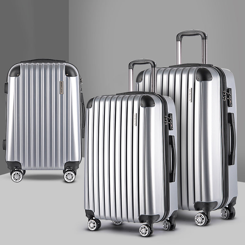 Wanderlite 3 Piece Lightweight Hard Suit Case Luggage Silver - Sale Now