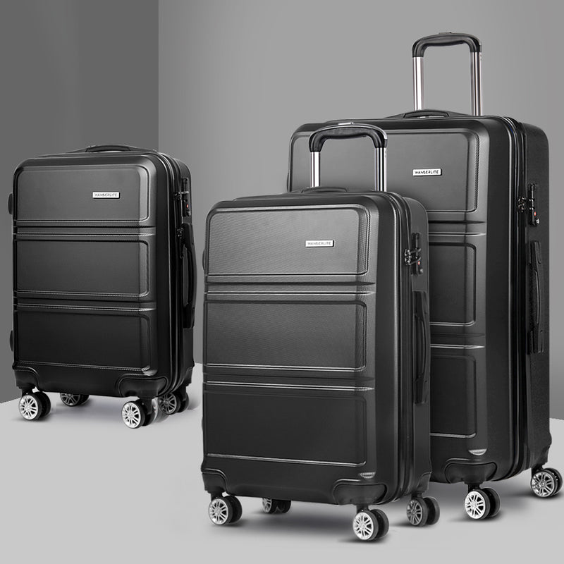 Wanderlite 3 Piece Lightweight Hard Suit Case Luggage Black - Sale Now