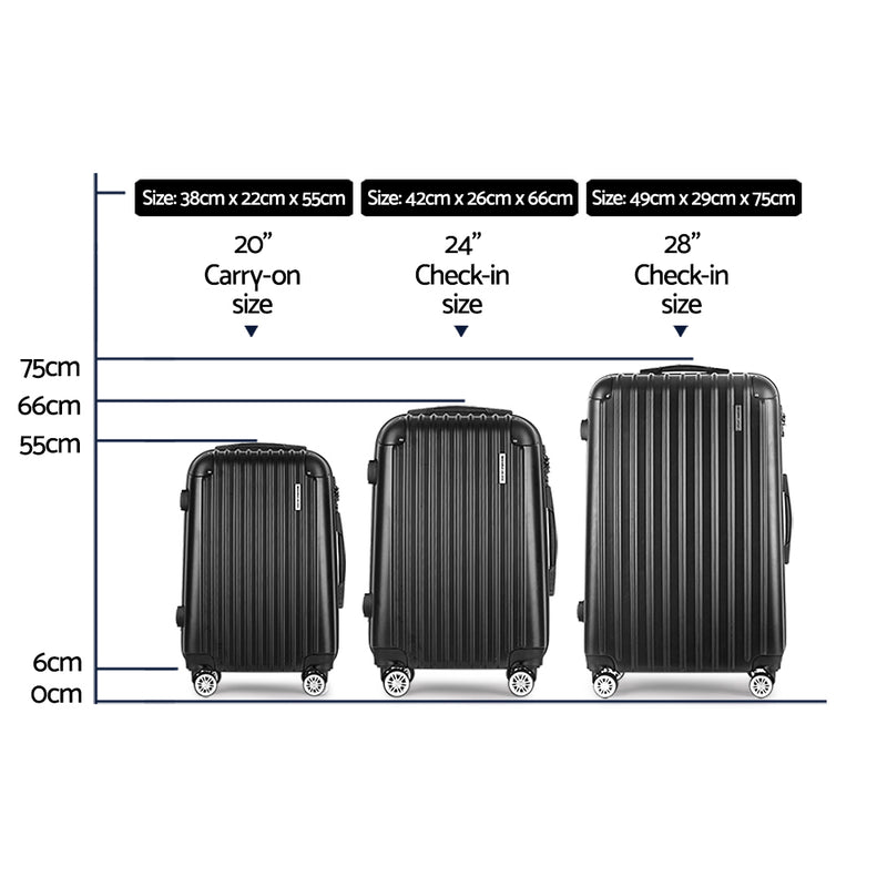 Wanderlite 3 Piece Luggage Suitcase Trolley - Black - Sale Now