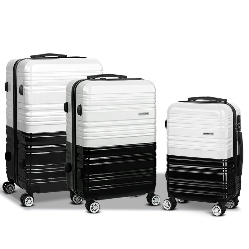Wanderlite 3 Piece Lightweight Hard Suit Case Luggage Black & White - Sale Now