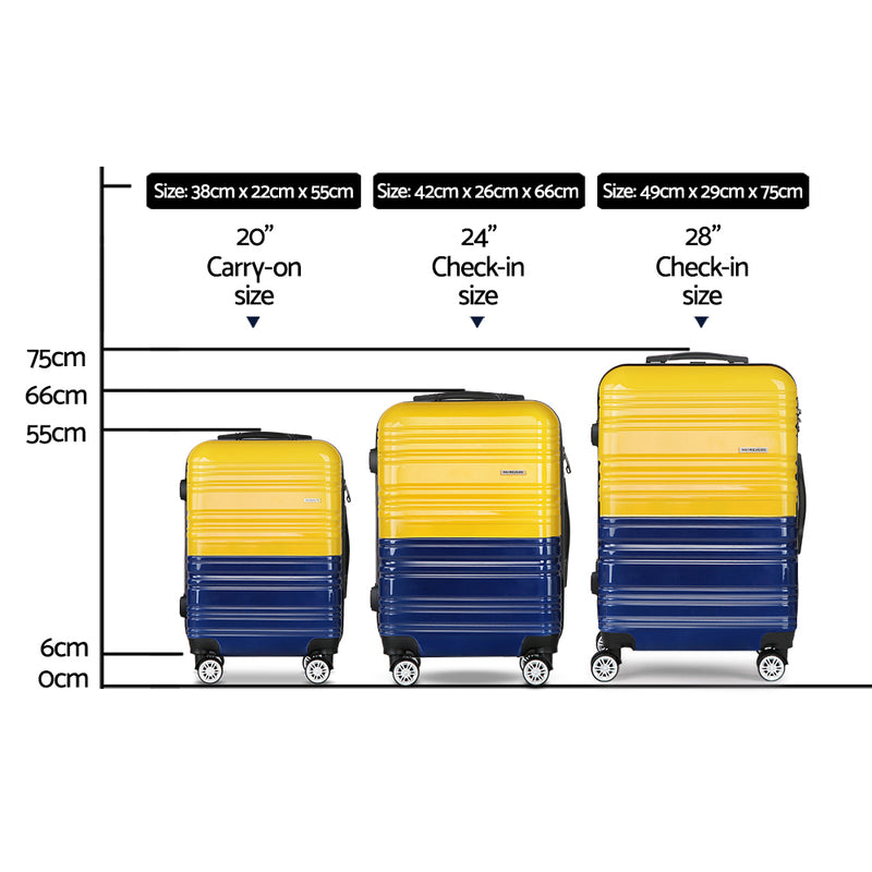Wanderlite 3 Piece Lightweight Hard Suit Case Luggage Yellow and Navy - Sale Now