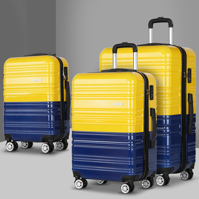 Wanderlite 3 Piece Lightweight Hard Suit Case Luggage Yellow and Navy - Sale Now