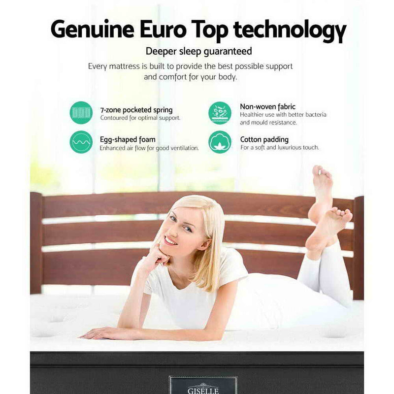 Giselle Bedding Double Size Mattress 7 Zone Euro Top Pocket Spring 34cm - Sale Now