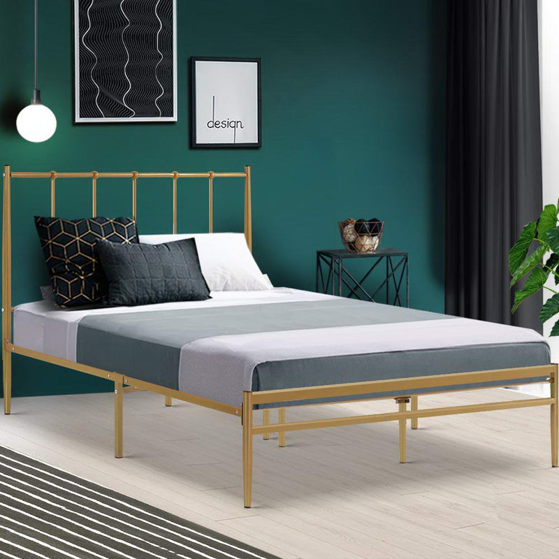 Metal Bed Frame King Single Size Mattress Base Platform Foundation Wooden Gold Amor - Sale Now