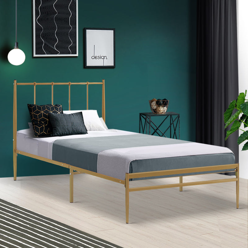 Metal Bed Frame Single Size Mattress Base Platform Foundation Wooden Gold Amor - Sale Now